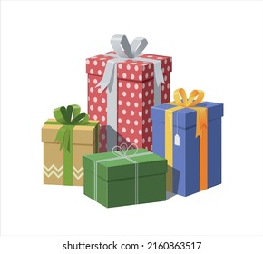 Colored gift boxes with ribbon. Set of gift boxes of different shapes and sizes. Vector illustration isolated on a white background