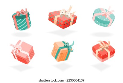 Cajas de regalo coloreadas con cinta adhesiva, conjunto de diferentes cajas. Caricatura vectorial