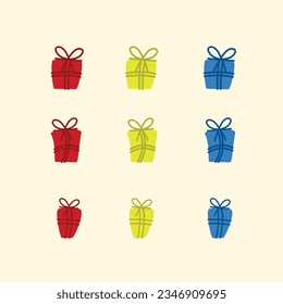 Cajas de regalo de colores con cinta de opciones. Conjunto de cajas de regalo de diferentes formas y tamaños