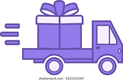 Colored Gift Delivery Icon. Vector Icon. Car Carrying Big Gift Box. Holiday Concept