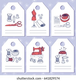 Colored gift tags and labels with sewing tools and accessories hand drawn vector illustration