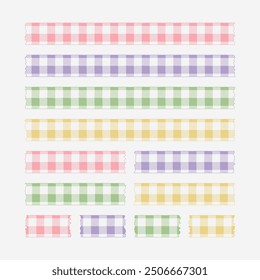 Colored gingham pattern washi tape. Pink, purple, green, yellow plaid paper sheets. Torn decorative masking tape for scrapbook. Ragged edges scotch tape. Stripe, grid, adhesive.