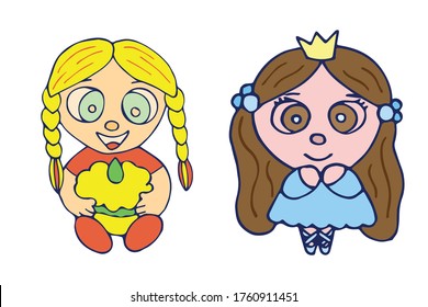 Colored Girl With Cake and Ballerina Doodle Sketch. Hand-Drawn Isolated Illustration On White Background. Illustration For Design, T-Shirt, Print, Game And App.