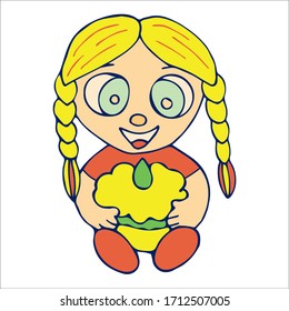 Colored Girl With Cake Doodle Sketch. Hand-Drawn Isolated Illustration On White Background. Illustration For Design, T-Shirt, Print, Game And App.