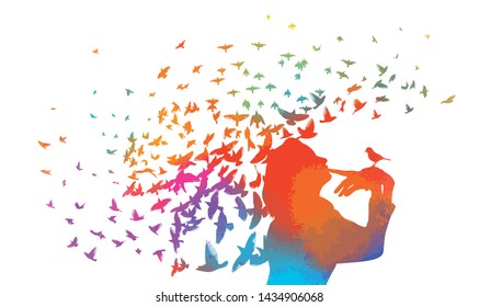 Colored girl profile with flying birds. Vector illustration