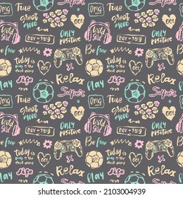 Colored girly seamless pattern on a gray background. Sports background with lettering, joystick headphones and soccer ball for textile.