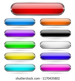 Colored glass 3d buttons with chrome frame. Oval icons. Vector illustration isolated on white background