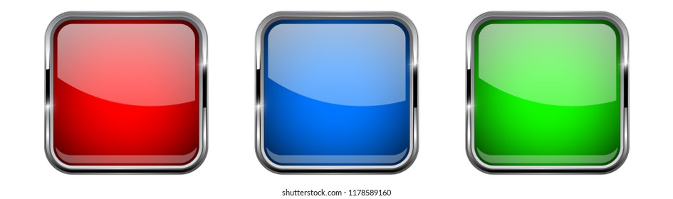 Colored glass 3d buttons with chrome frame. Square icons. Vector illustration isolated on white background
