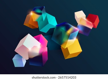 Colored and glass 3D cubes. Abstract background of geometric shapes.