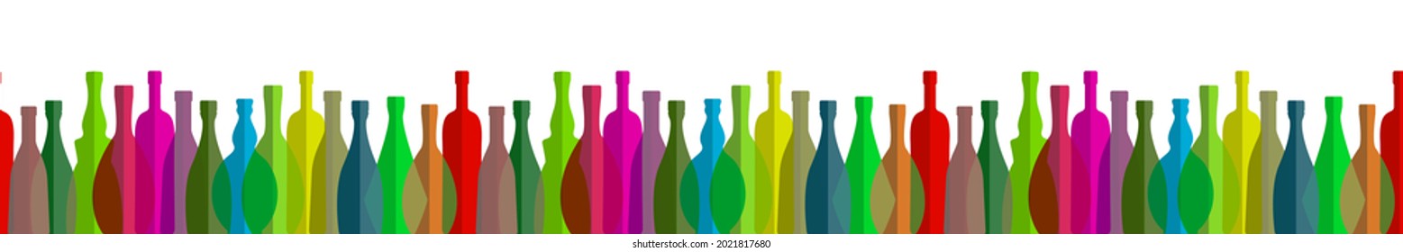 colored Glass Bottles Seamless Pattern. Transparent Wine Bottles Endless Line, Multicolored Containers Border, Bottle Symbols Divider Vector Illustration