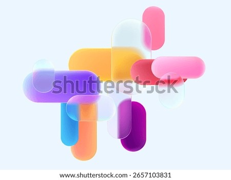 Colored and glass geometric shape. Abstract composition of circles and rectangles in liquid glass style. Vector elements for poster design.