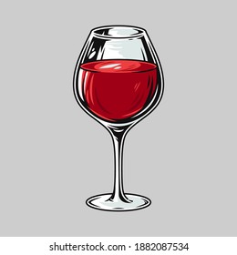 Colored glass of red wine alcohol liquid vector monochrome cocktail bar menu