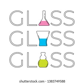 colored glass word and glass, vase, test tube symbols