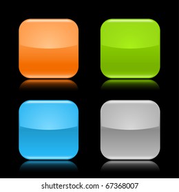 Colored glassy blank web 2.0 button. Rounded square shapes with reflection on black background