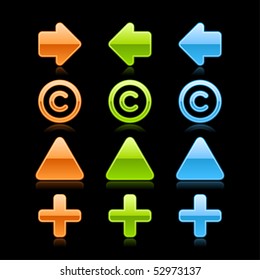 Colored glossy arrow, copyright, triangle label and plus web button on black