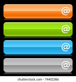 Colored glossy rounded rectangle web bar with at sign with color reflection on black background