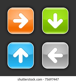 Colored glossy rounded square buttons with arrow sign with shadow on gray. 10 eps