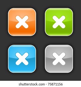 Colored glossy rounded square buttons with delete sign with shadow on gray. 10 eps