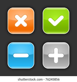 Colored glossy rounded square buttons with validation sign with shadow on gray. 10 eps