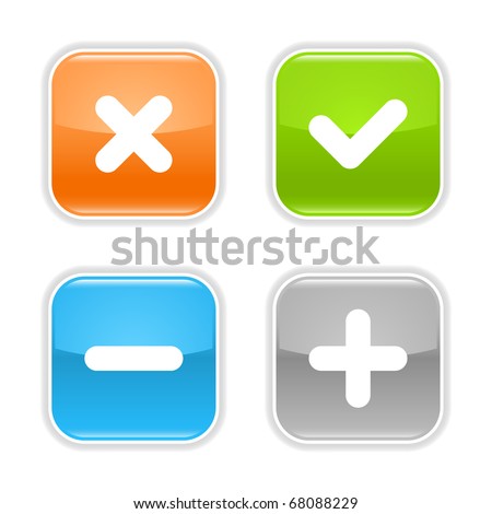 Colored glossy rounded square buttons with validation sign with drop shadow on white