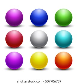 Colored glossy, shiny 3D balls, spheres vector set. Color globe orb icons, round figure decorative illustration