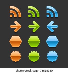 Colored glossy web 2.0 button RSS, arrow, hexagon and round sticker icons with black shadow and dark reflection on gray background