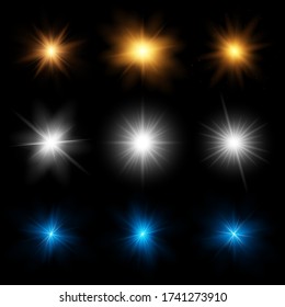 Farbige Lichteffekte isoliert auf einem schwarzen Hintergrund. Die glänzenden und leuchtenden Sterne, die Lichterblicke, die abstrakten Fackeln, die hellen Glares. Transparente Vector-Illustration