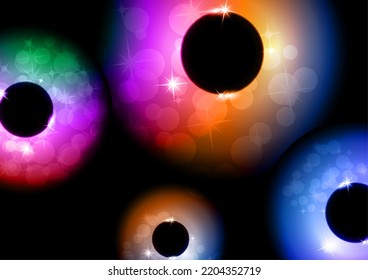 Colored glowing magic rings, glare, sparks. Abstract background for an invitation. Vector illustration