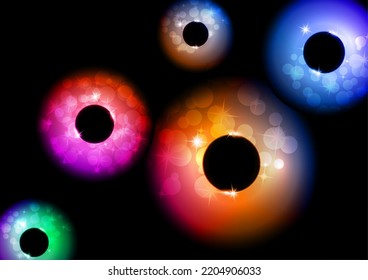 Colored glowing magic rings, glare, sparks. Abstract background for an invitation. Vector illustration