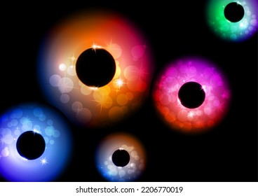 Colored glowing magic rings, glare, sparks. Abstract background for an invitation. Vector illustration