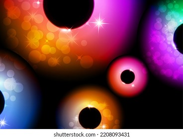 Colored glowing magic rings, glare, sparks. Abstract background for an invitation. Vector illustration