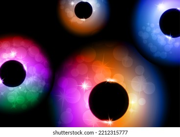 Colored glowing magic rings, glare, sparks. Abstract background for an invitation. Vector illustration