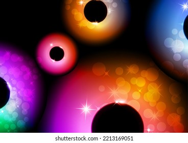 Colored glowing magic rings, glare, sparks. Abstract background for an invitation. Vector illustration