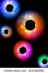Colored glowing magic rings, glare, sparks. Abstract background for an invitation. Vector illustration