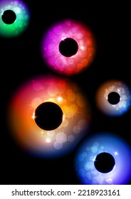 Colored glowing magic rings, glare, sparks. Abstract background for an invitation. Vector illustration