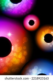 Colored glowing magic rings, glare, sparks. Abstract background for an invitation. Vector illustration