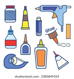 Colored glue bottles and adhesive themed vector icon set collection with outline isolated on square white background. Simple flat cartoon minimalist art styled drawing.