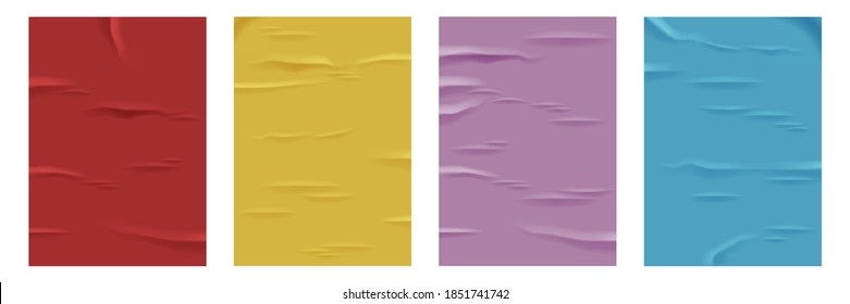 Colored glued rectangular placards or posters set. 3d blank paper sheets vector illustration. Wrinkled crumpled bad shining papers of different color: red, yellow, purple, blue.