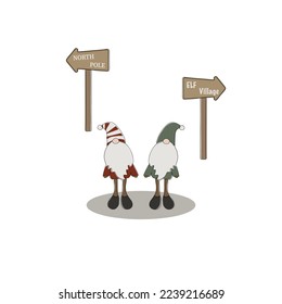 Colored gnomes with North Pole and Elf village signs continuous one line art