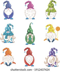 gnomos de colores sobre un fondo blanco en gorras y sombreros. Navidad. Dibujo. Vector. Ilustración de niños 