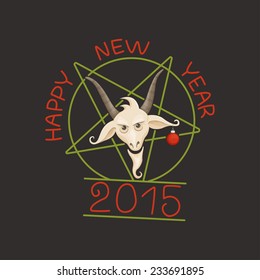 colored goat head in a pentagram with a ball on the ear on a dark background