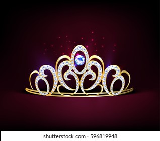 Colored golden realistic diadem composition with diamonds and big gemstone in center vector illustration