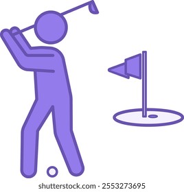 Icono de golfista de color. Ilustración vectorial. Atleta tratando de poner la pelota en el agujero. Hombre con Club y Pelota de Golf. Concepto deportivo