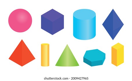Colored gradient volumetric geometric shapes. Different simple basic 3d figure. Isometric views sphere, cube, cylinder, hexagonal prism and other regular forms. Isolated on white vector illustration