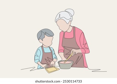 Colored grandchildren and Grandmother Make Cakes. Baking with grandparents concept one-line drawing