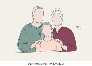 Colored Grandparents with Grandchildren concept one-line drawing