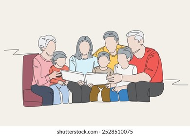 Colored grandparents, parents and children looking at photo albums. Photo album concept one-line drawing