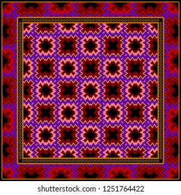 Colored Graphic Pattern Card With Geometric Ornament. Vector Illustration. For Print On Fabric, Papper, Silk Neck Scarf, Kerchief Design.