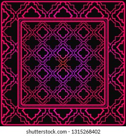 Colored Graphic Pattern Card With Geometric Ornament. Vector Illustration. For Print On Fabric, Papper, Silk Neck Scarf, Kerchief Design. Black purple color.