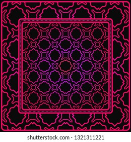 Colored Graphic Pattern Card With Geometric Ornament. Vector Illustration. For Print On Fabric, Papper, Silk Neck Scarf, Kerchief Design. Black purple color.